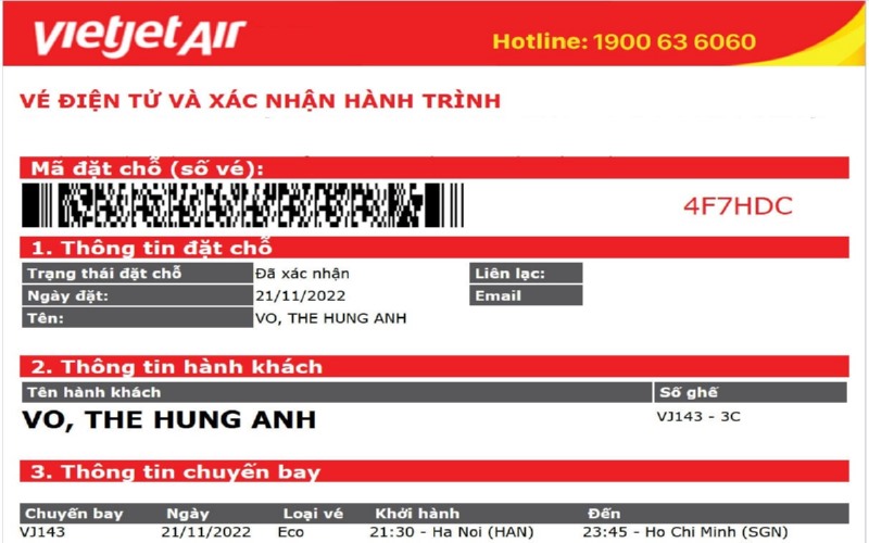 Hình ảnh vé máy bay điện tử của Vietjet Air