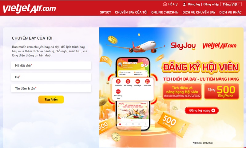 Hoàn vé máy bay Vietjet trực tuyến qua website