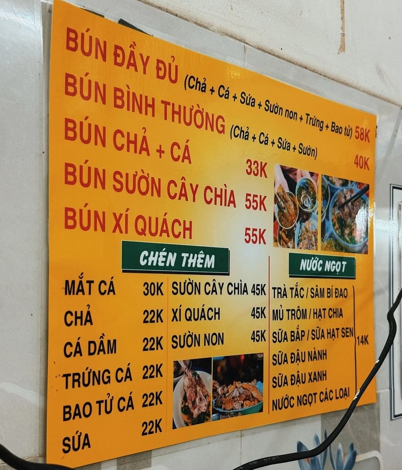 Menu bún sứa Mến Nha Trang.